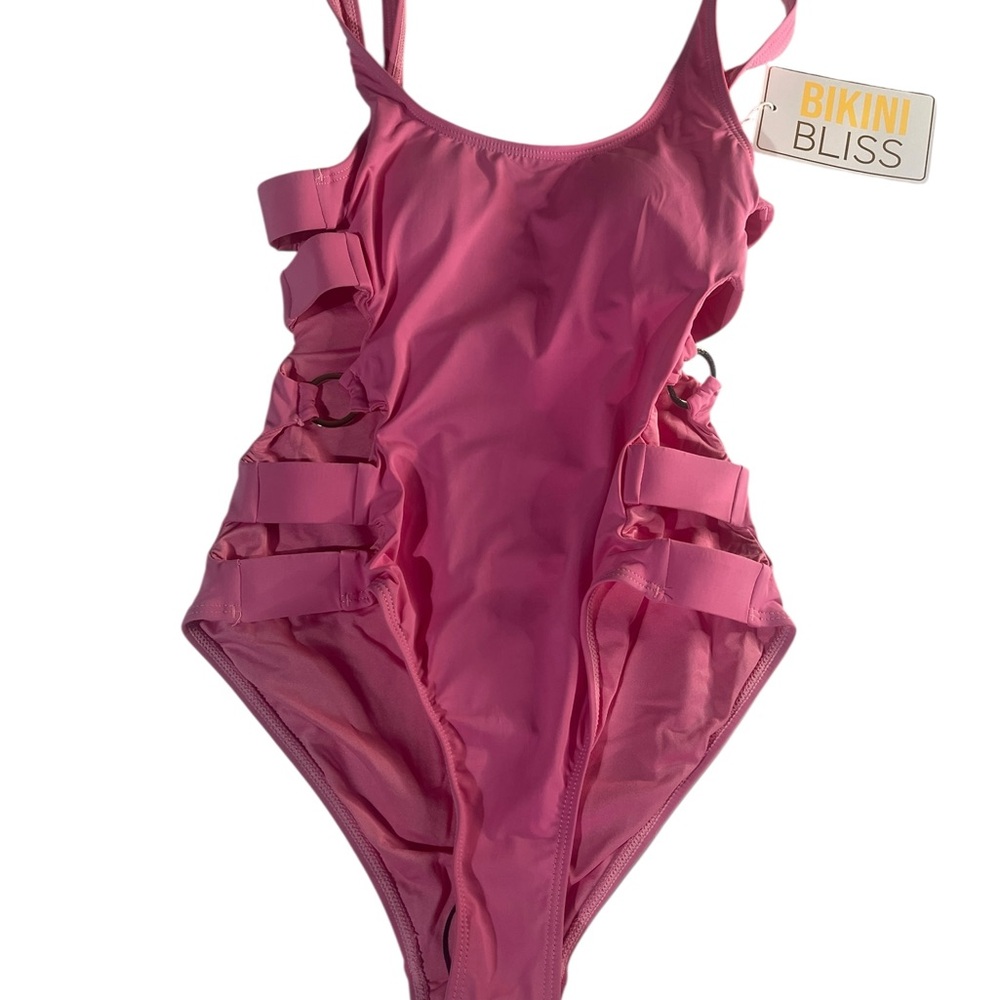 Bikini Bliss Pink One-Piece Swimsuit – Side Elastic Bands & Buckle – Size Small - Picture 4 of 5